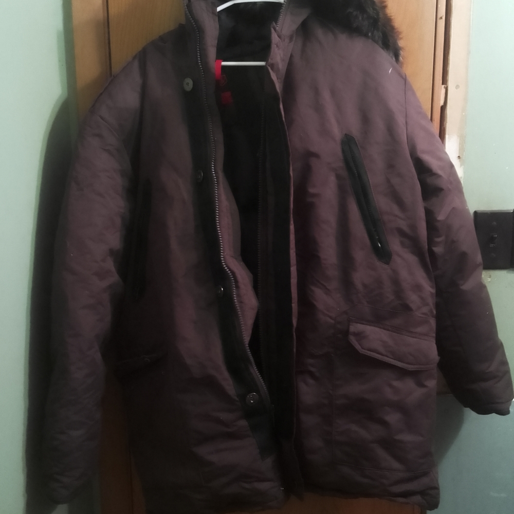 Men's Choclate  Brown Down Parka Winter Hooded Jacket Water Resistant Large‎
